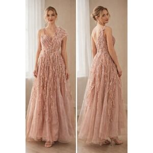 Custom Evening Gown Small Pink Feather Sequin One Shoulder Maxi Prom Dress